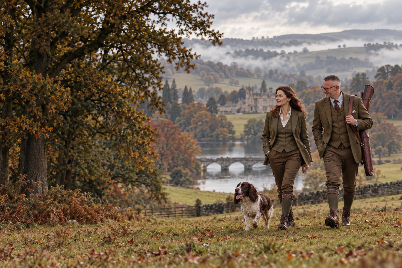 Country style illustration: a gentleman and lady in tweed shooting attire walking with a spaniel