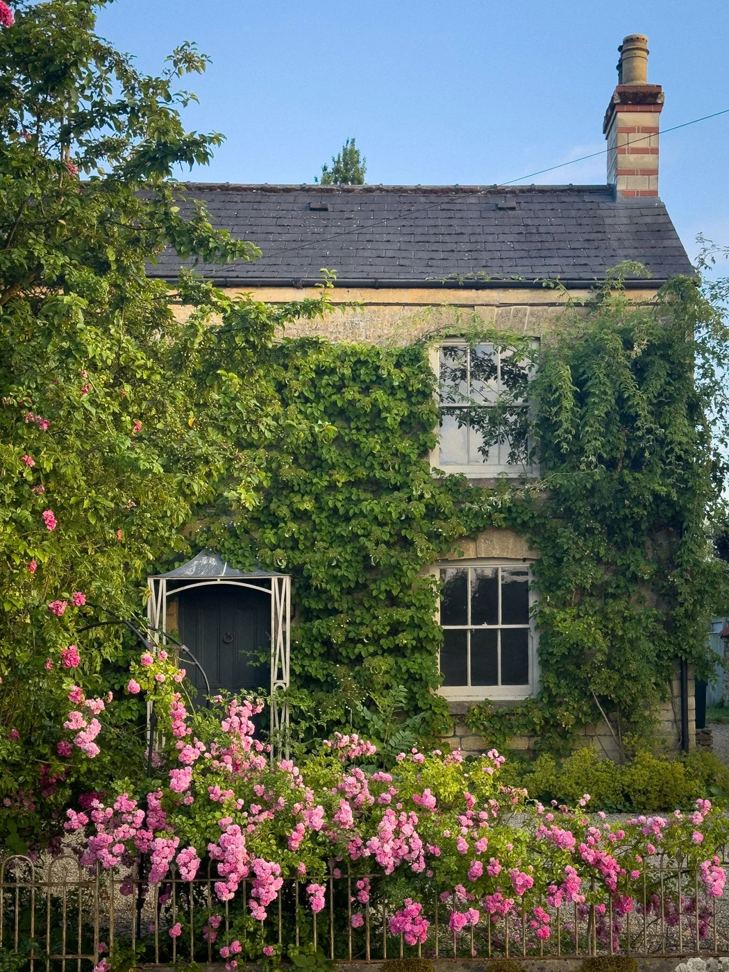 Traditional English cottage with climbing roses and a garden