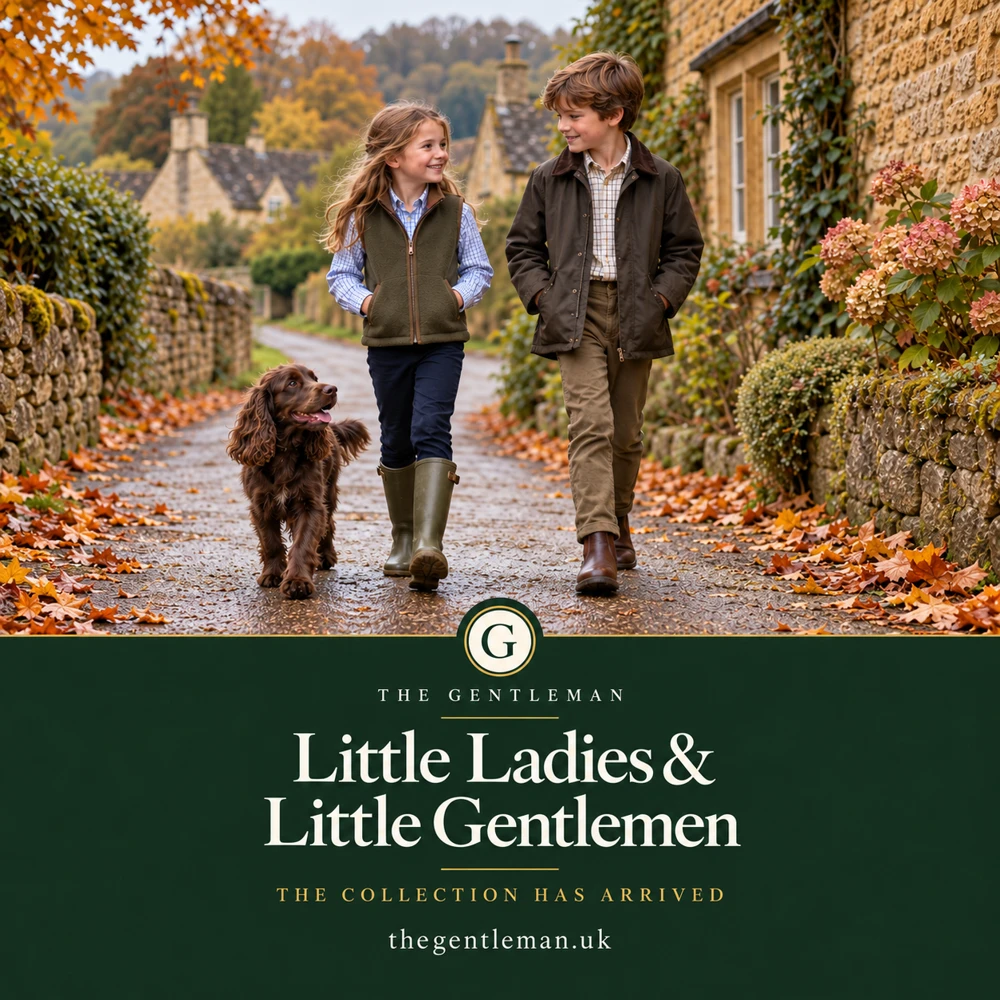 Little Ladies and Little Gentlemen country clothing collection: children in country layers with a chocolate spaniel on an autumn Cotswold walk